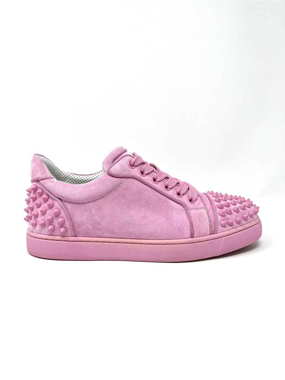 Christian Louboutin Vieira Spike Studded Sneakers Shoes Pink Suede Leather 37 7